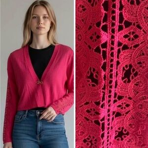 elie tahari pink embroidered shrug L merino wool